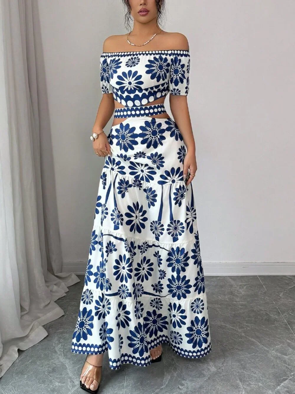Blue Boho Women's Floral Print Off-Shoulder short Sleeve Hollow Waist Dress - Picture 3 of 7